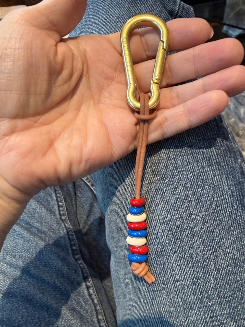 Adina Reyter  Carabiner Keychain with Leather Strap and Red, White, Blue Beads